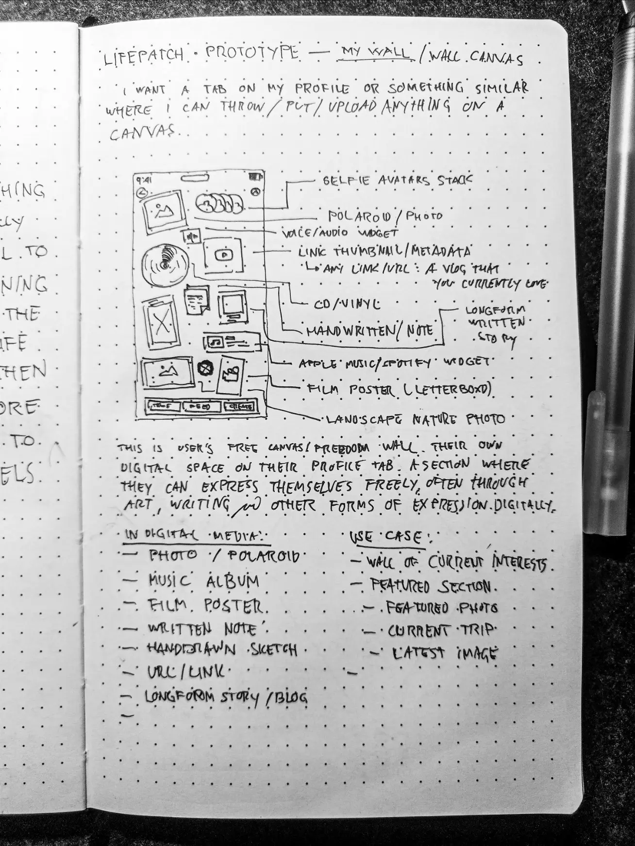 Notebook page with the LifePatch wall canvas sketch, a phone mock with labeled patches for photos, audio, links, writing, music, film posters, and nature images