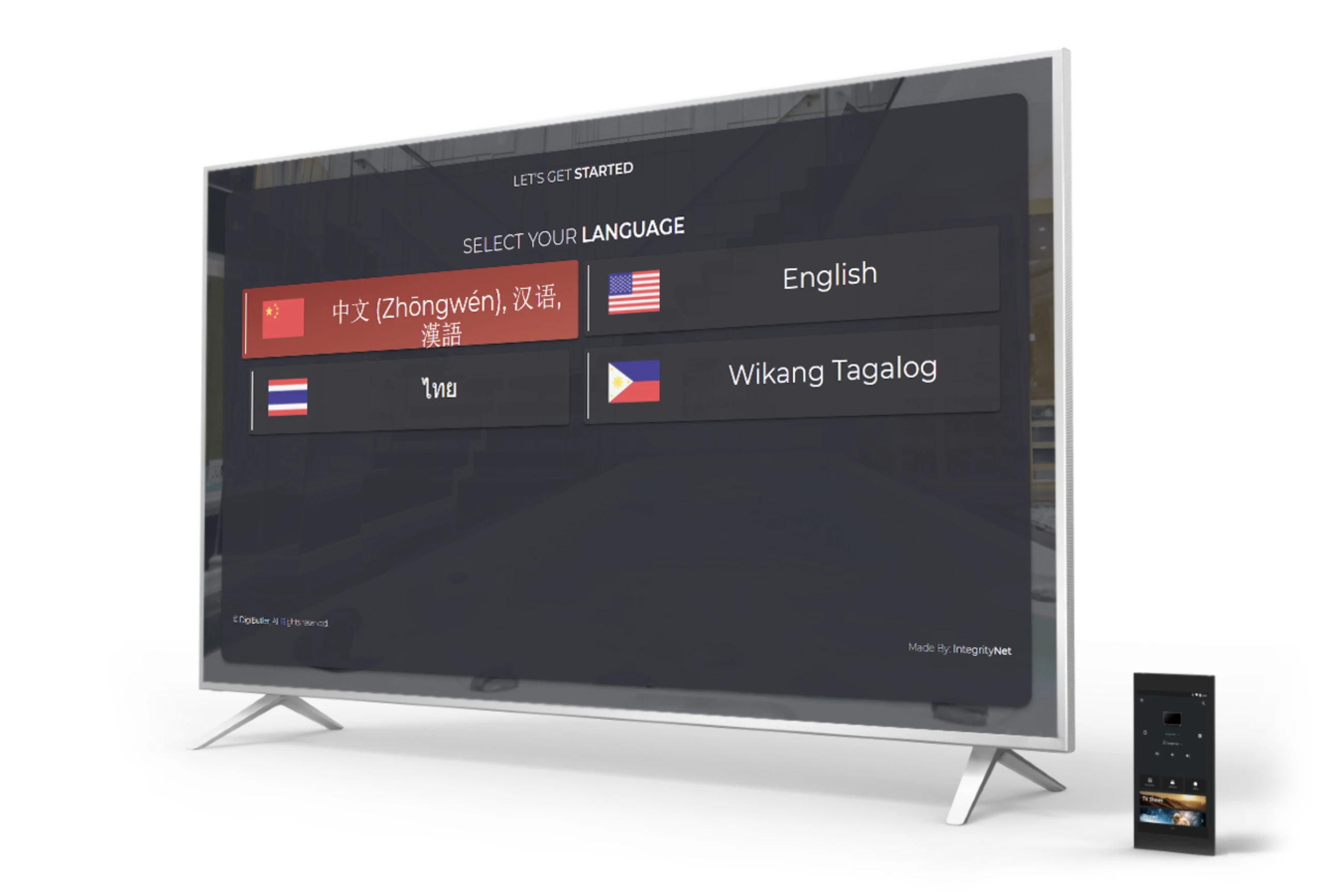A TV onboarding screen for selecting a preferred language.