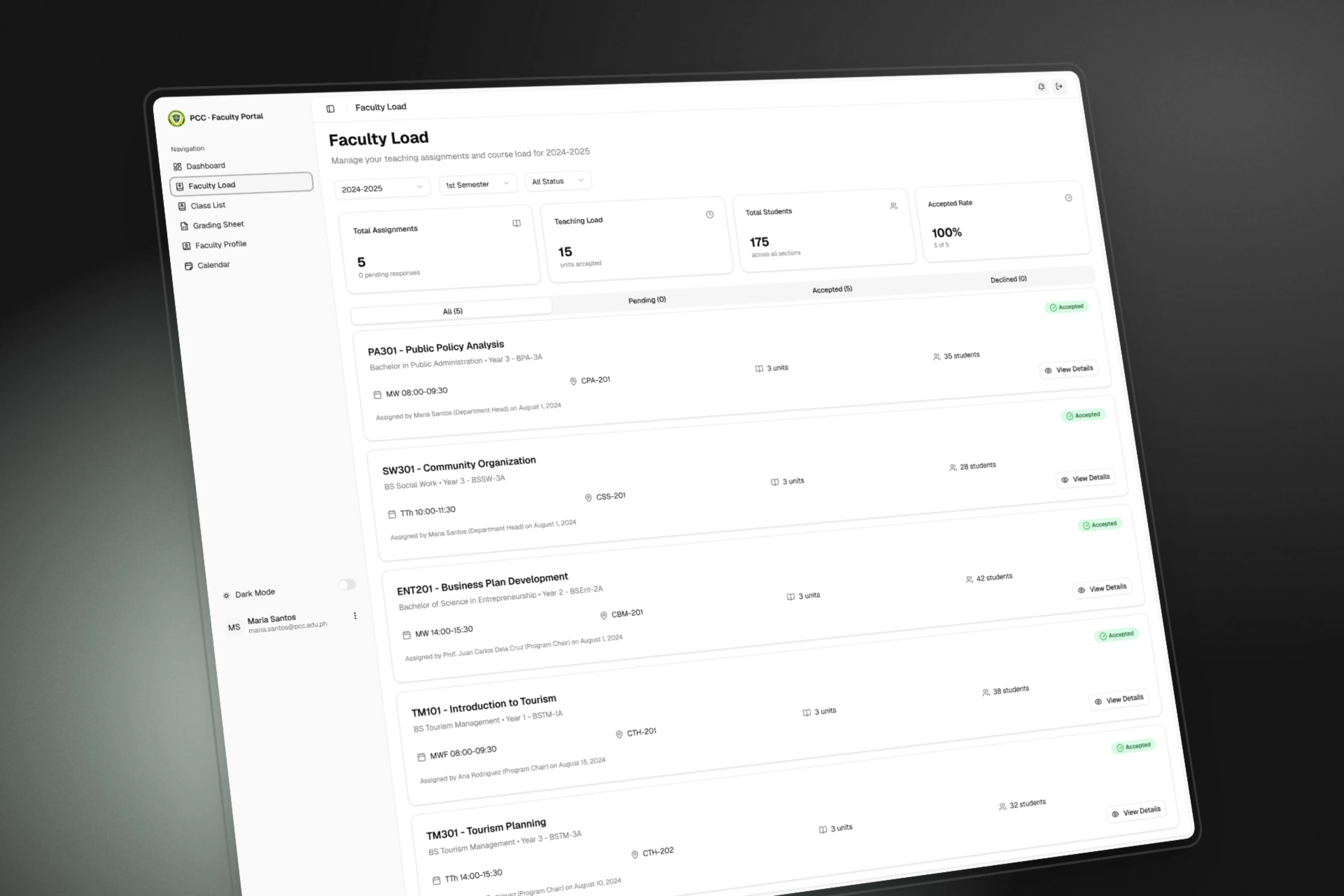 The faculty load interface showing teaching assignments within the shared system.