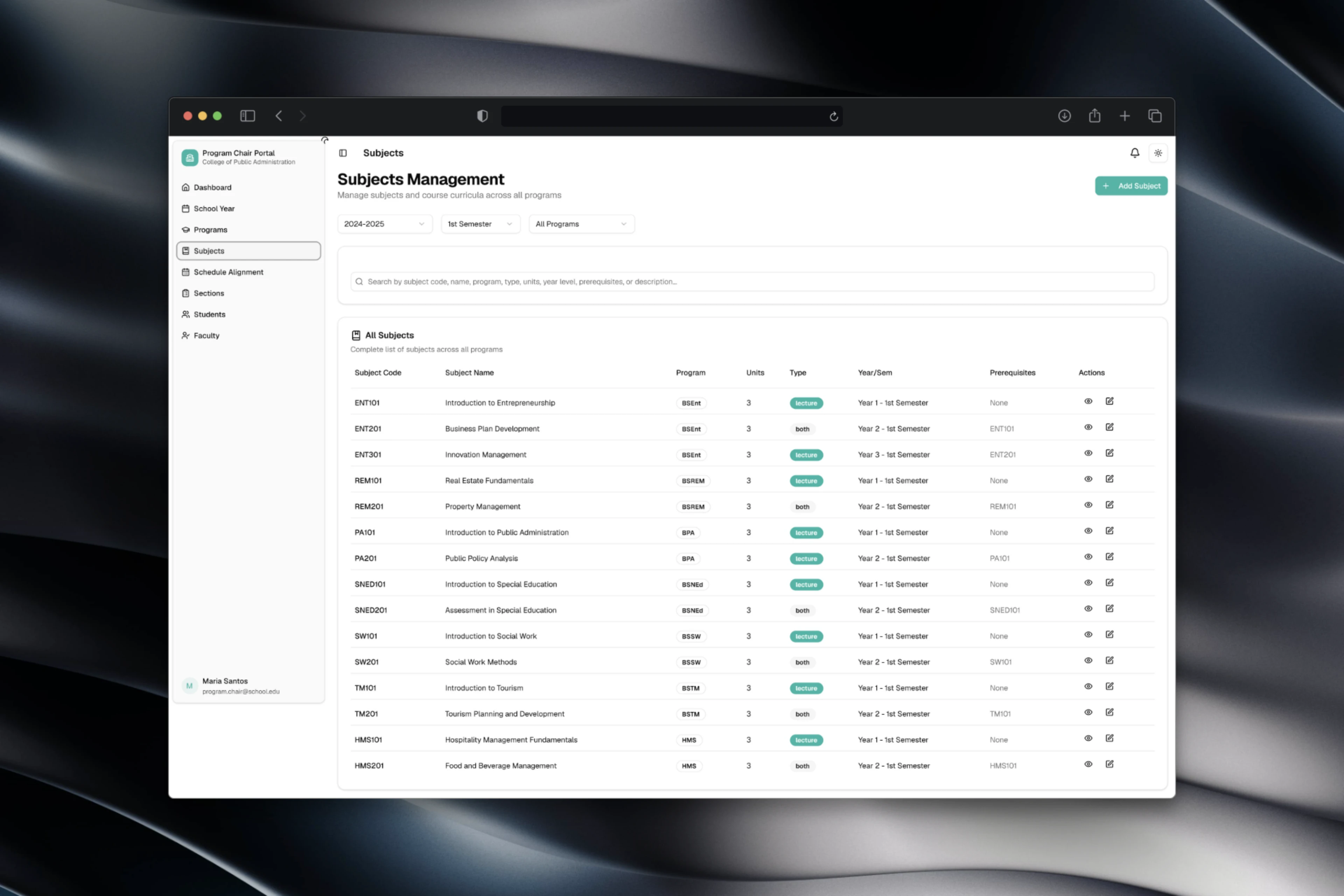 The program chair subject-management interface using shared product patterns.