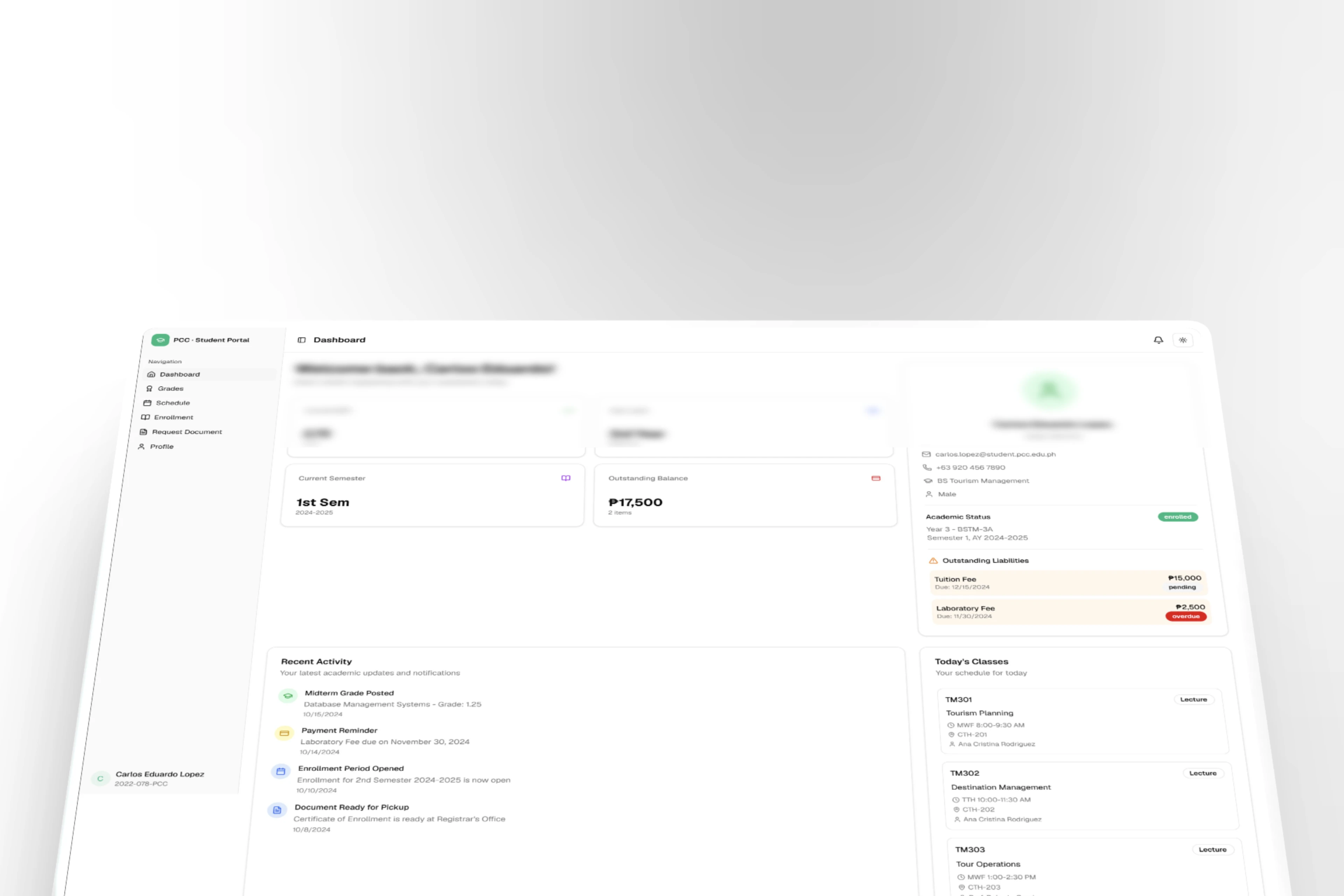 The student dashboard demonstrating Gradisys's shared layout and component foundations.